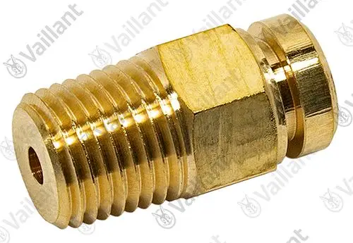 Messingadapter von Vaillant mit Außengewinde, konischer Form und einem Anschluss für Schläuche oder Rohre. Ideal für Sanitär- und Heizungsanwendungen.